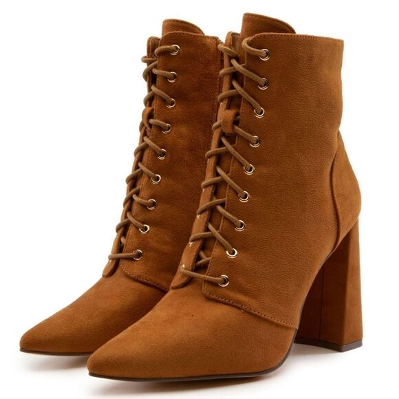 BRAND NEW LILIANA POINTED TOE POINTED TOE LACE-UP BLOCK HEEL FAUX SUEDE … - Picture 1 of 16